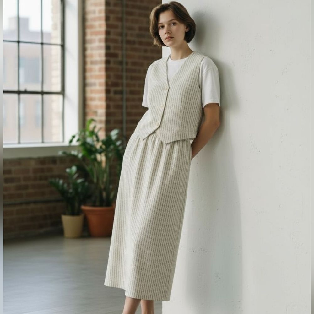 Vintage Weekenders Pin Stripe Two Piece Matching Midi Skirt Vest Waistcoat Set S